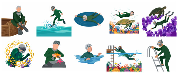 Senior male diver snorkeling and exploring underwater marine life flat vector illustration set © Kkasey