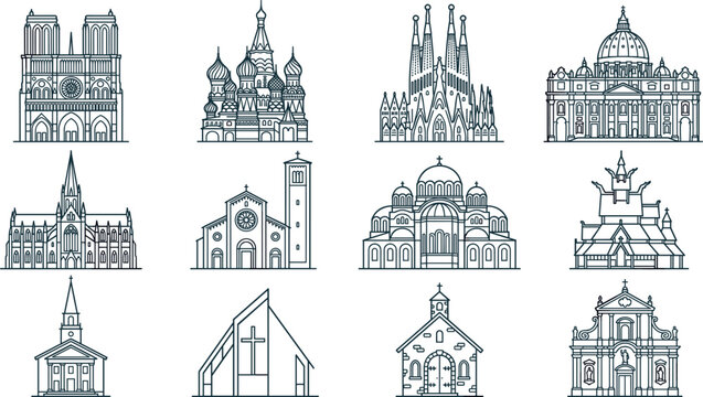 Church and Cathedral Landmark Line Icon Set with Notre Dame Sagrada Familia St Basil and Chapels for Architecture and Travel Graphic Designs
