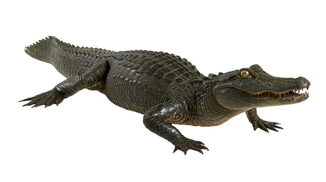 Dark green alligator with scaly skin and sharp teeth