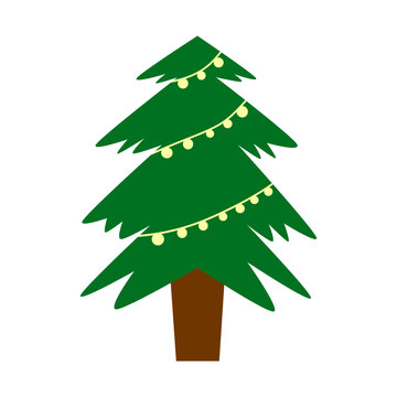 Decorated Green Christmas Tree with Glowing Fairy Lights and Brown Trunk Isolated on Black