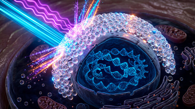 Visualization of next generation UV filters protecting a skin cell nucleus from damage