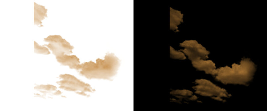 Vintage sepia clouds isolated on white and black background, antique textured sky elements for digital collage, retro fluffy cloud overlays for design