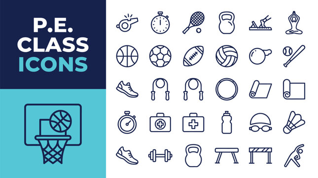 Set of physical education class icons featuring various sports equipment and fitness training tools outline style