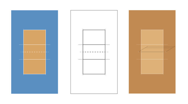 Top view of volleyball court set, indoor arenas with net, white markings on orange and blue floor, layout scheme of overhead perspective game area for match, sports field, stadium. Vector illustration