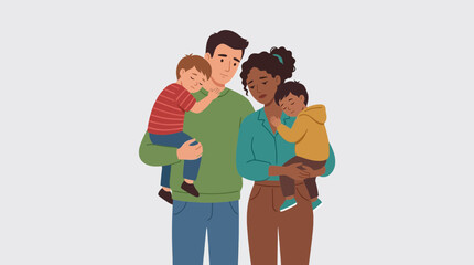 Fototapeta premium Sad Interracial Family Holding Two Children Illustration
