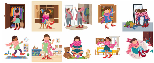 Fototapeta premium Cute Little Girl Playing Dress-Up with Oversized High Heels and Scarf, Collection of Childhood Imagination and Fashion Play Illustrations