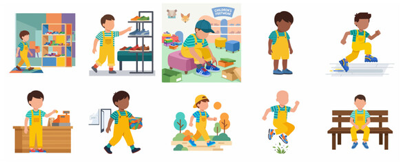 Fototapeta premium Flat vector illustration set of a young boy shopping for, trying on, and wearing new shoes in various daily activities