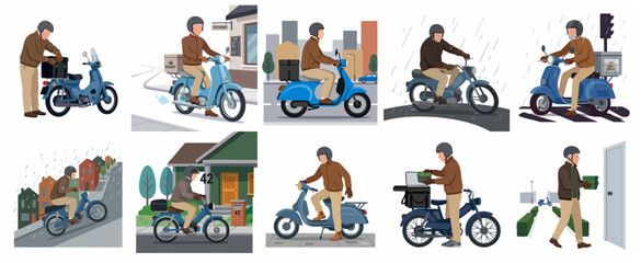 Fototapeta premium Courier Food Delivery Service Illustration Set with Scooter Rider in Different Scenes