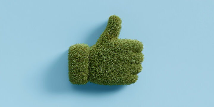 A green thumbs-up symbol made of grass, representing a positive affirmation or approval on a light blue background
