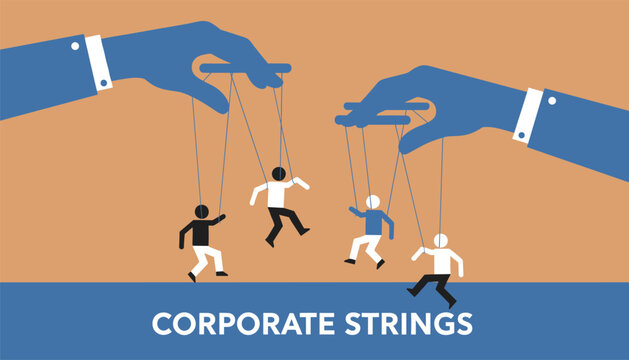 Conceptual vector art showing giant business hands manipulating white puppet figures with strings for control.