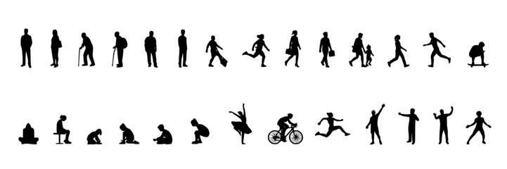 Obraz premium People Silhouettes in Various Poses and Activities Featuring Silhouette, Walking, Running with Sitting and Standing Elements