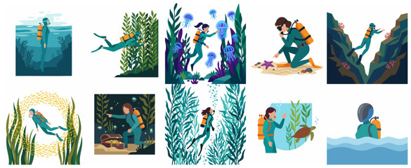 Set of Scuba Diving Illustrations Featuring a Female Diver Exploring Marine Life and Underwater Treasures © Laafaa
