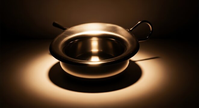 Antique metal bedpan with handles, illuminated by warm light, casting dramatic shadow on a dark surface