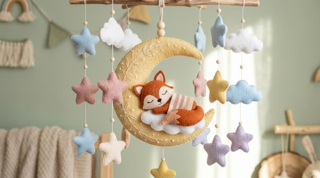 Adorable sleeping fox on a moon mobile with stars and clouds for nursery decor