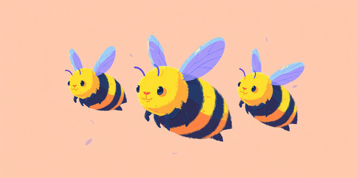 Three cute cartoon bees flying with wings spread and a happy expression, set against a soft peach background. The bees are depicted in a whimsical style, with bold black and yellow stripes and large.