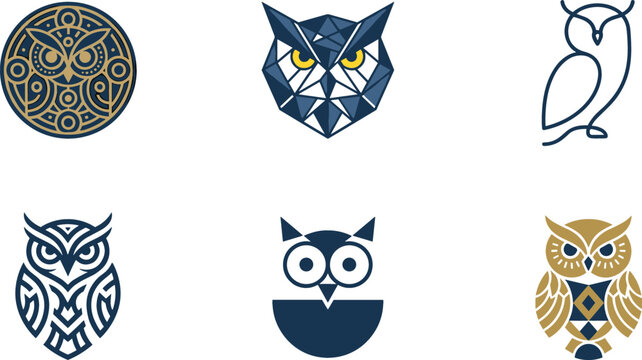 Geometric Owl Logo and Icon Set with Line Art Low Poly Minimalist and Decorative Bird Symbols for Corporate Branding Designs