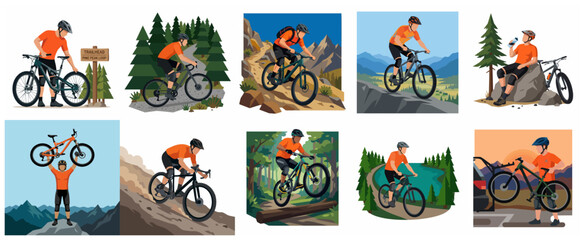 Fototapeta premium Collection of Mountain Biking Illustration Sets Featuring a Man in Outdoor Adventure, Downhill Cycling, Trail Riding, and Extreme Sports Scenes