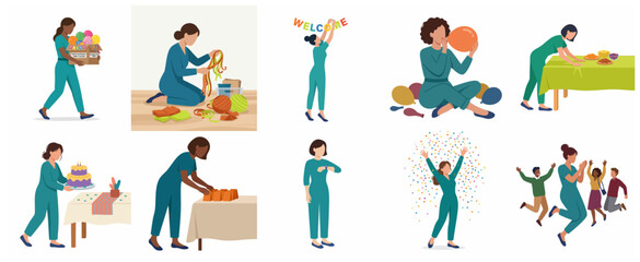 Fototapeta premium Professional event planner woman preparing for party celebration flat vector illustration set