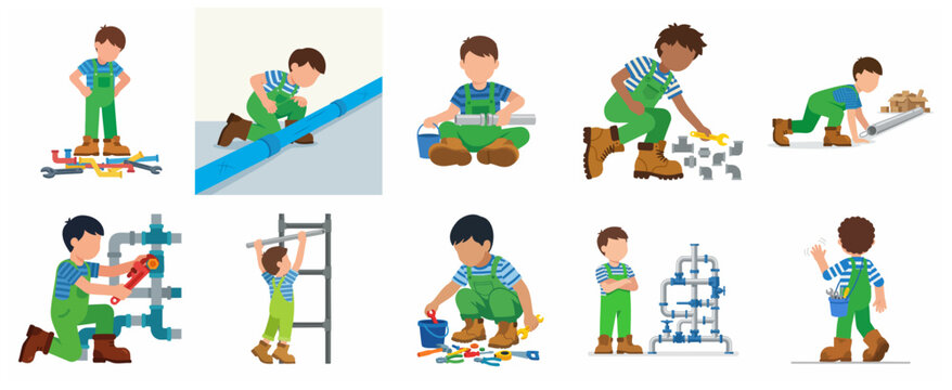 Set of illustrations featuring a young boy dressed as a plumber working with pipes and tools, portraying various repair and maintenance activities in a flat vector style.