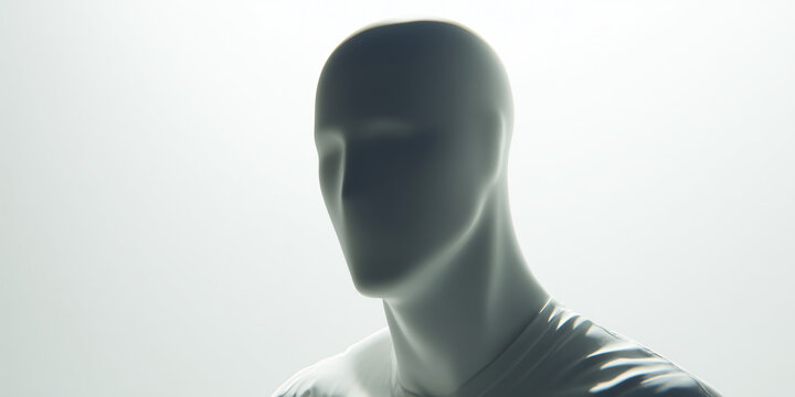 A close-up, stark portrait of a faceless mannequin's head and shoulders, backlit with a soft, ethereal glow