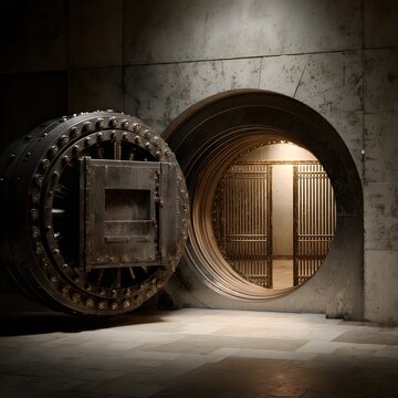 Secure Vault Door: An imposing open vault door, revealing a glimpse into the secure interior, evokes a sense of mystery and security.