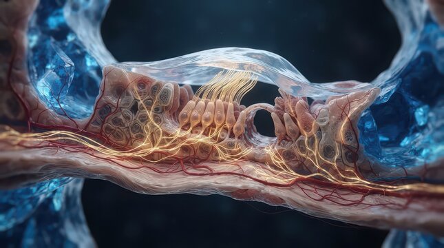 Close-up 3D rendering of nerve tissue with glowing axons and surrounding fluid anatomy neuroscience