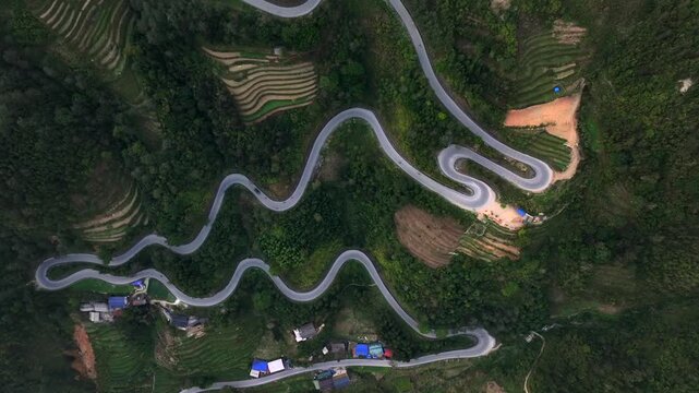 Ha Giang Loop. Picturesque curvy Pass on QL4C Mountain Road in Northern Vietnam. Chin khoanh ramp, UNESCO world heritage