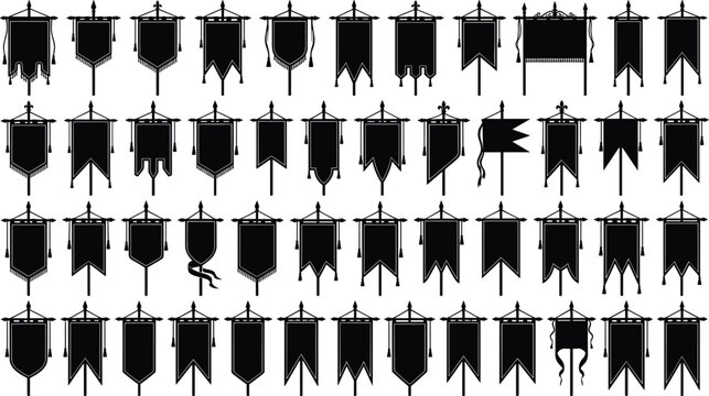 Collection of blank medieval flag and banner silhouettes for heraldic crest design templates
