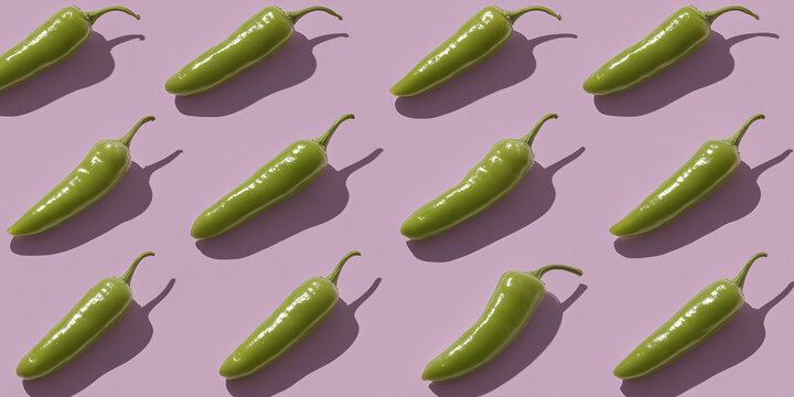 An array of vibrant green chili peppers arranged in a repeating pattern on a pastel purple background. The peppers have a glossy sheen and cast soft shadows, creating a visually dynamic composition