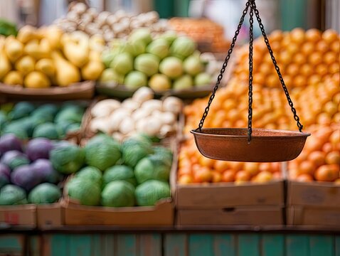 A rustic scale hangs above an abundant display of fresh, colorful produce