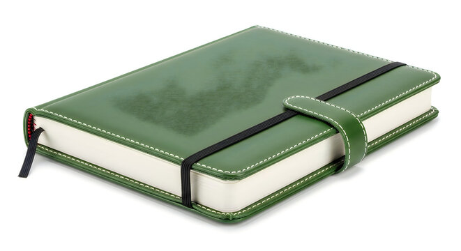 Green leather diary planner with elastic band closure on white studio background.