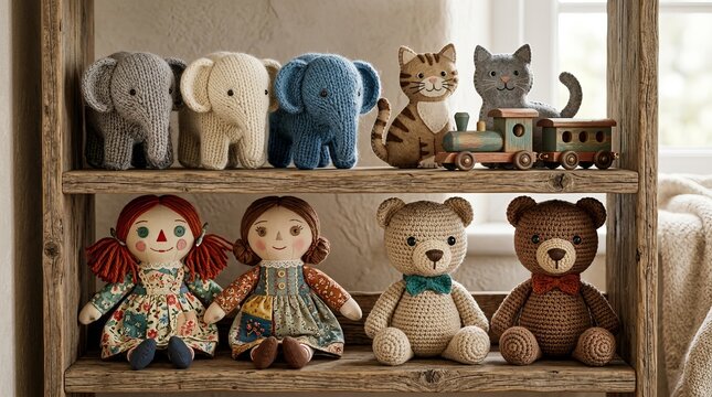 Collection of charming handmade stuffed toys displayed on rustic wooden shelves