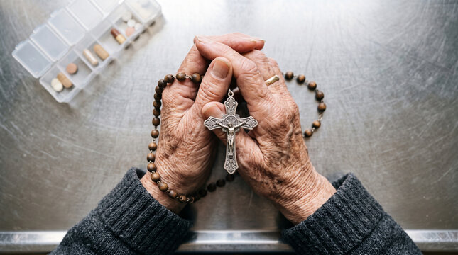 Old woman praying hands with rosary beside the medicine
