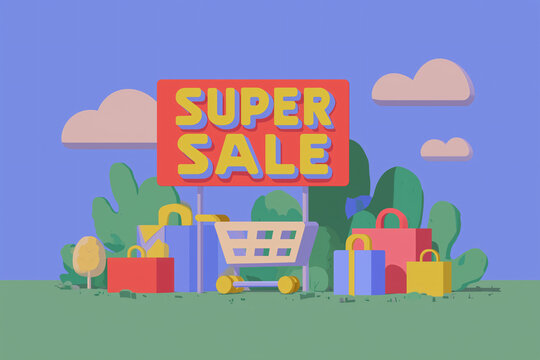 A vibrant illustration depicts a SUPER SALE event with shopping bags, a cart, and greenery under a blue sky with clouds. The scene conveys excitement and the thrill of a bargain