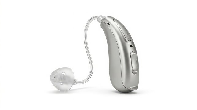 Modern Silver Behind-the- Ear Hearing Aid with Clear Ear Tube and Dome audiology medical