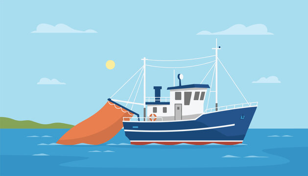 Commercial fishing trawler boat pulling a large orange net full of fish across the blue waters of the ocean.