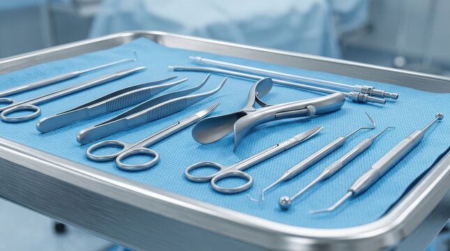 Assortment of Surgical Instruments on a Blue Medical Tray surgery healthcare
