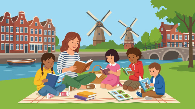 Teacher Reading Books to Diverse Children in Amsterdam Park