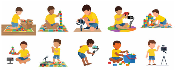 Fototapeta premium Children vlogger and toy reviewer character set, little boy playing with building blocks and filming content for social media channel on smartphone camera