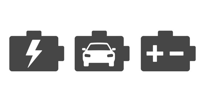 Car battery icon set featuring power energy symbols for automotive dashboard, electric vehicle charging indicators, battery level signs, and auto service vector design.