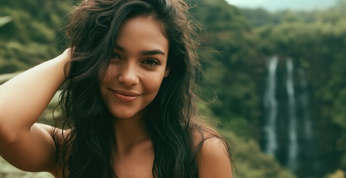Beautiful Woman Portrait in Tropical Forest with Waterfall Background