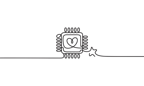 Continuous single line of a computer processor chip with a heart symbol inside, representing love for technology, humanized computing, and emotional artificial intelligence