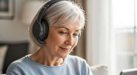 Naklejka premium Senior Woman Using Headphones, Engaged in Online Learning and Audio Content at Home for Senior Lifestyle Websites, Digital Literacy, and Modern Active Living Articles