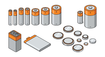 Assorted Batteries And Power Cells A Vector Illustration With Silver And Orange Tones battery aaa 9 volt button © Ramkrisna