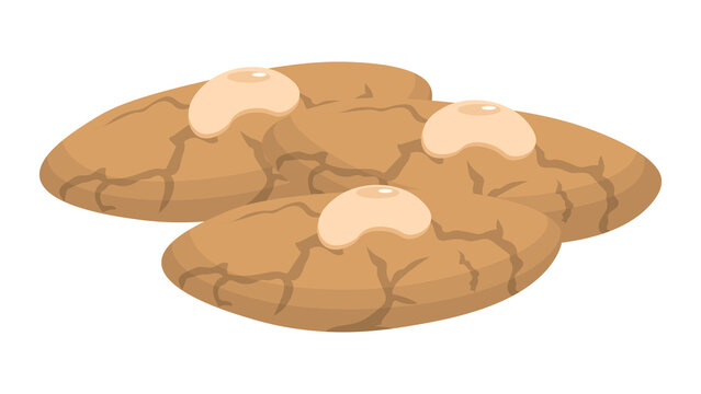 A detailed flat vector illustration of three freshly baked golden-brown cashew nut cookies