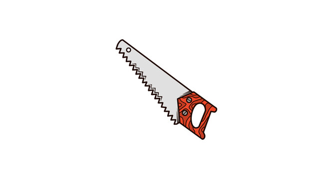 A detailed vector illustration of a traditional hand saw featuring a sharp silver steel blade and an orange-patterned wooden handle