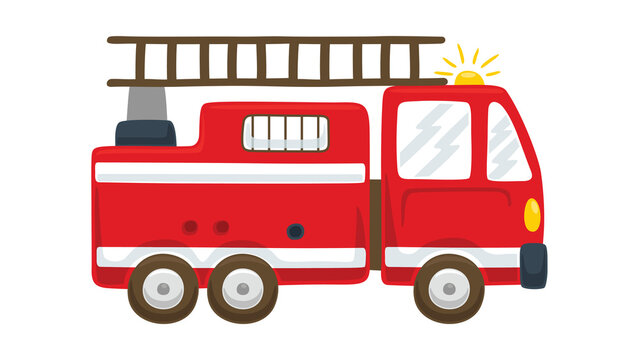 A playful vector illustration of a red fire truck with a wooden ladder mounted on top, white side stripes, and a flashing yellow emergency beacon light