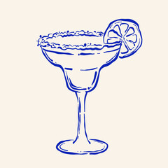 Obraz premium Margarita glass with lime slice, salted rim and cocktail. Bar drinks collection. For menus, beverage graphics and restaurant designs. Sketch, silhouette, hand drawn line art.