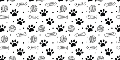 Cat toy seamless pattern featuring hand drawn doodle kitty elements with fish bone, paw prints, pet toys, and cute veterinary background design. ©  