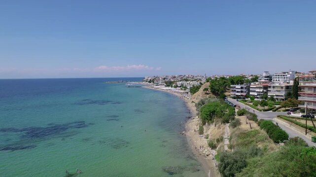 Panoramic aerial view of Nea Kallikratia beach coastline and town in Greece
